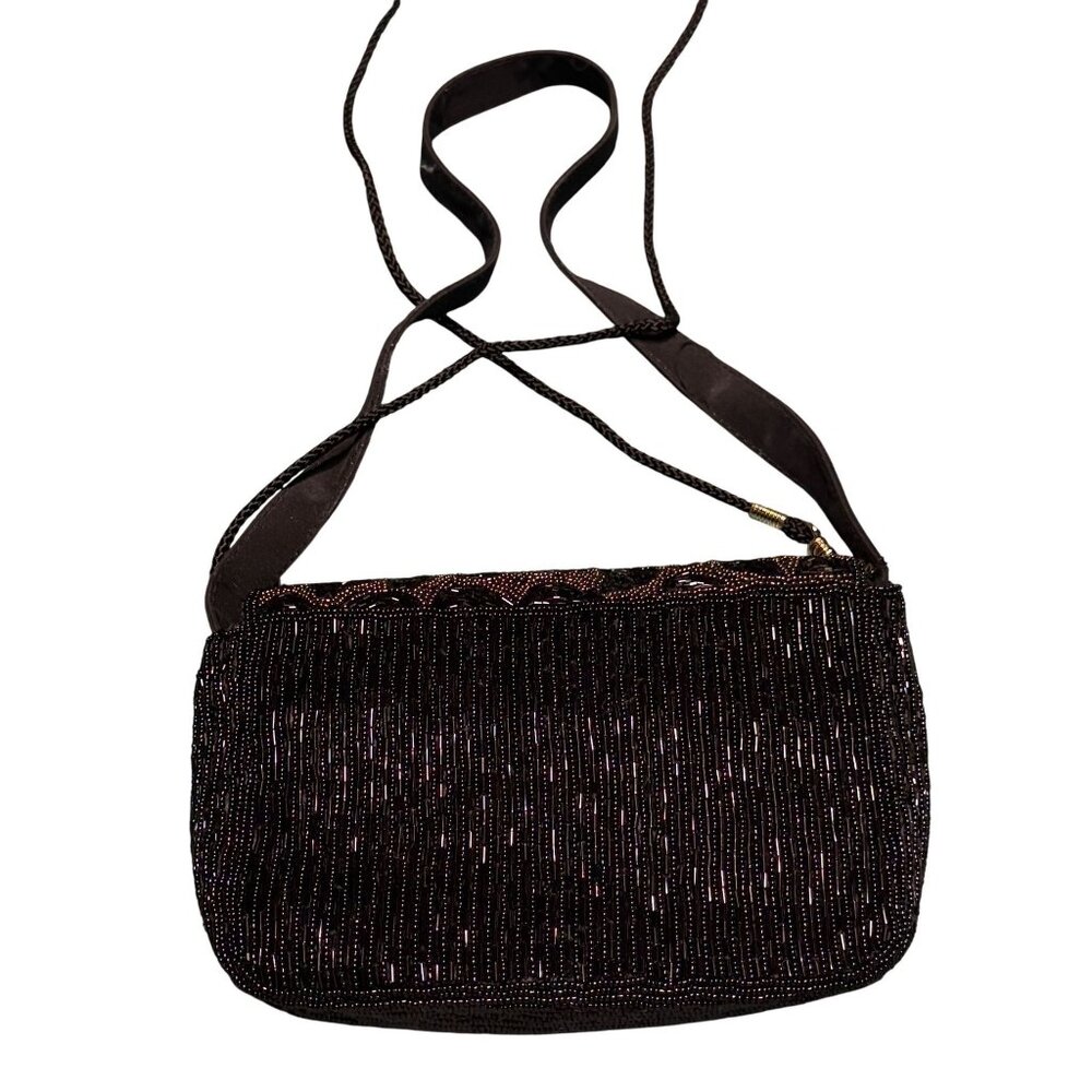 Vintage Y&S Handbag Beaded Black Gold Evening Purse Crossbody 8" X 6" X 2"
